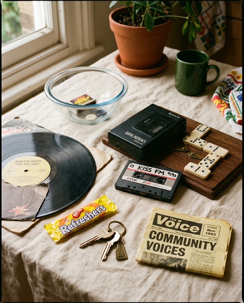 A staged still life of UK Black queer ephemera from the 1980s and 1990s — a Sony Walkman, a hand-labelled Kiss FM mixtape, ivory bone dominoes, a Winston Reedy lovers rock vinyl record, a Refreshers wrapper, a copy of The Voice newspaper, a bottle-green mug, and a terracotta plant pot — arranged on a cream linen tablecloth in afternoon daylight.