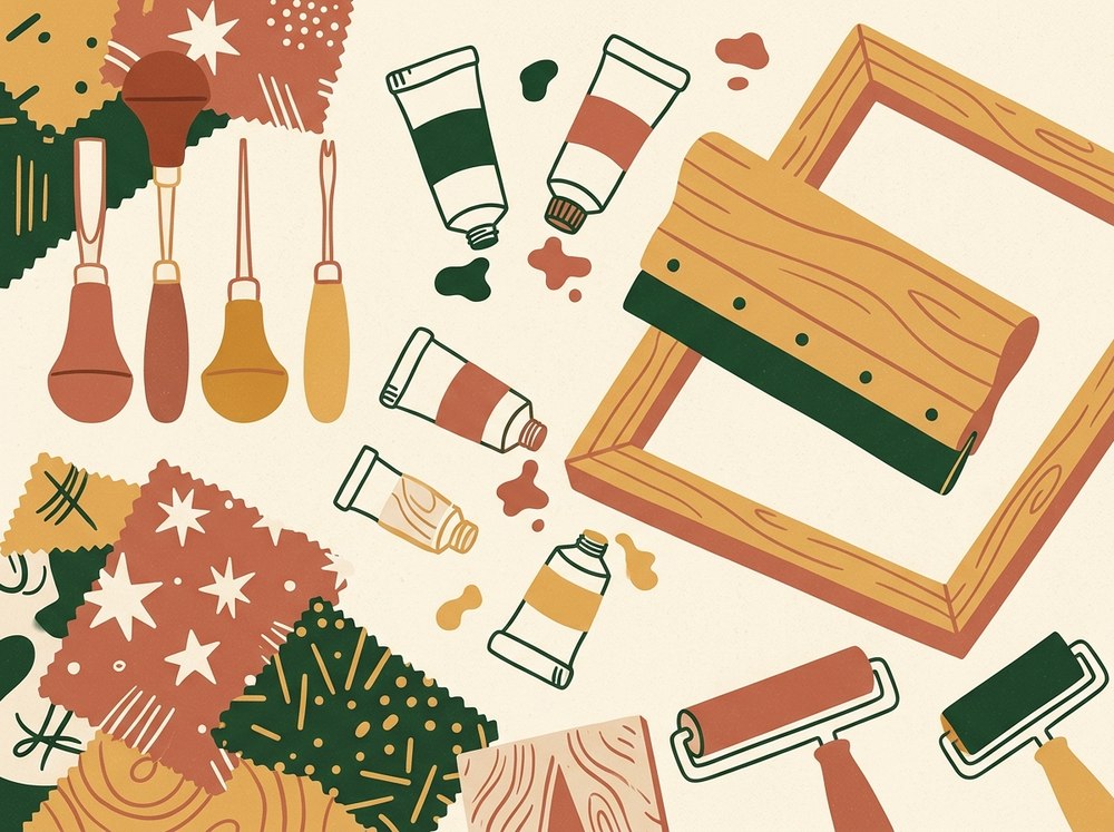 Illustration of lino-printing tools, paint tubes and fabric offcuts on a workbench