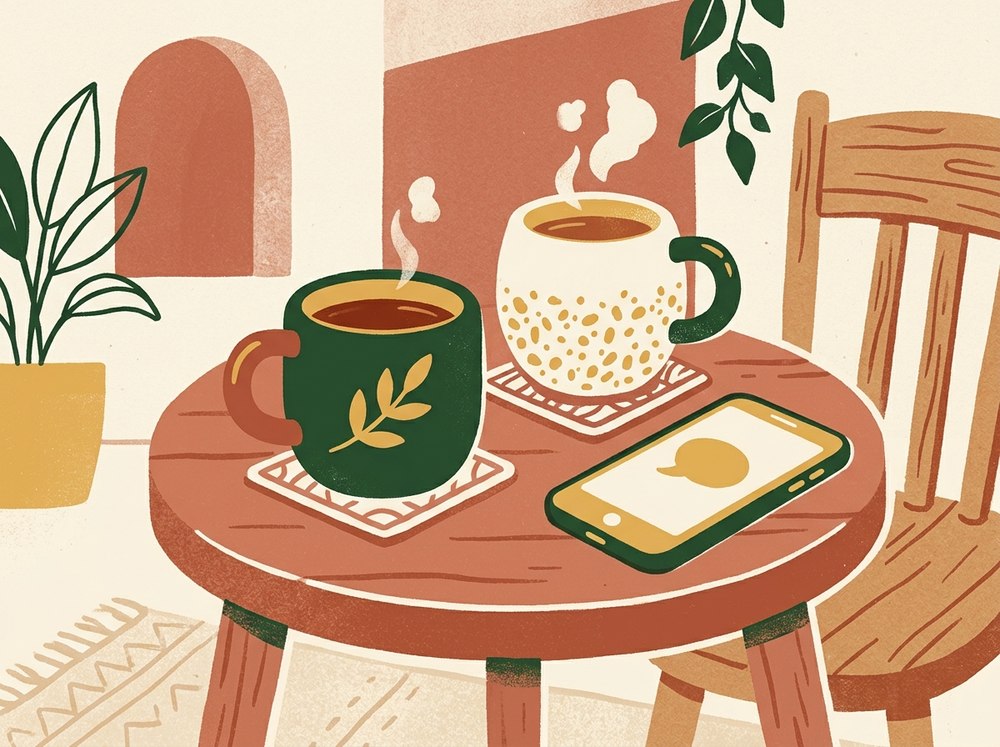 Illustration of two mugs of tea and a phone showing a message