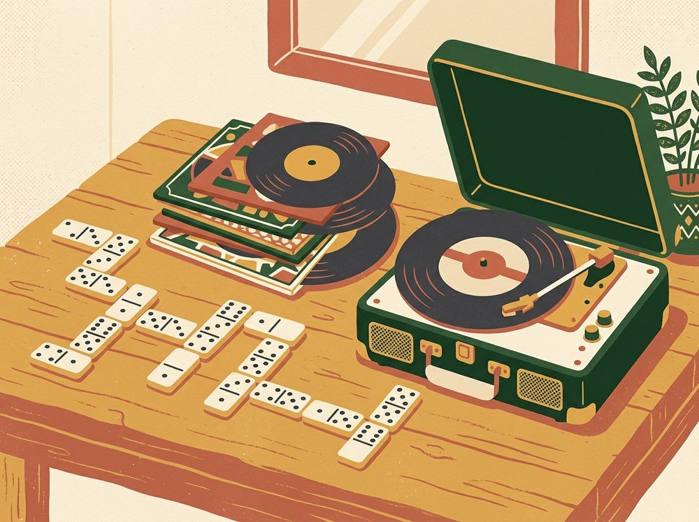 Illustration of vinyl records, dominoes mid-game and a portable turntable