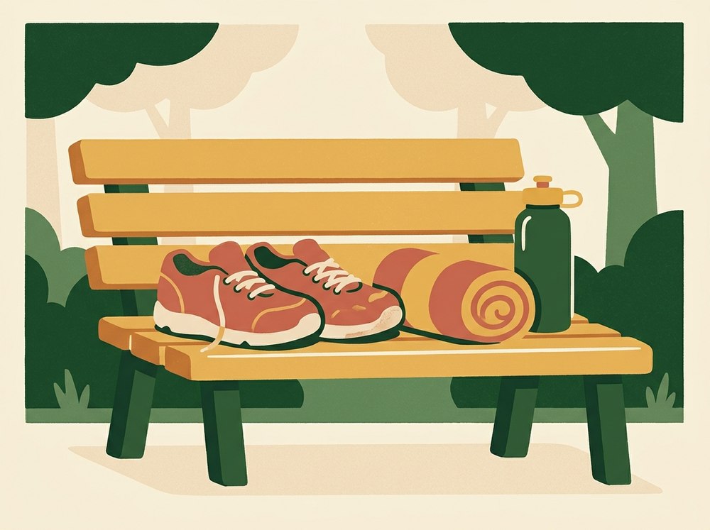 Illustration of worn trainers, a rolled towel and a water bottle on a park bench