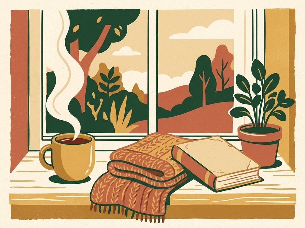 Illustration of a quiet windowsill — a mug of tea, a knitted throw, a book and a plant
