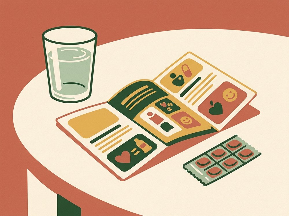 Illustration of a glass of water, a plain-language health leaflet and a strip of condoms on a table